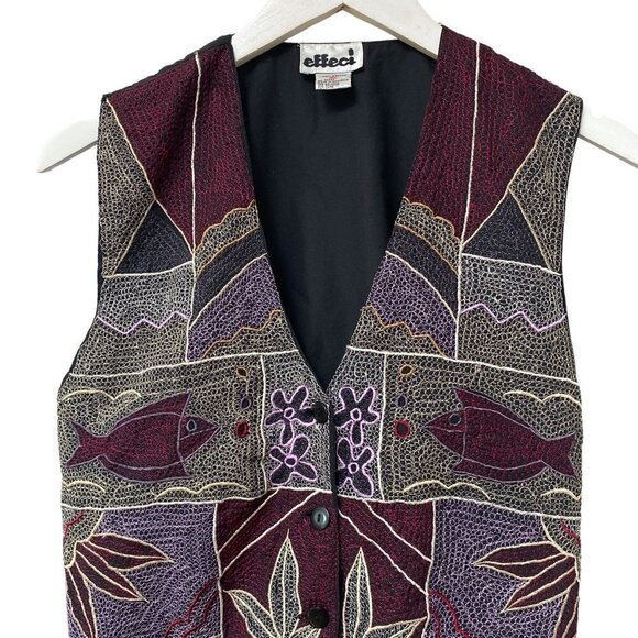 EFFECI Vintage Vest Embroidered Cotton Boho Fish Flowers Black Burgundy - Picture 2 of 11